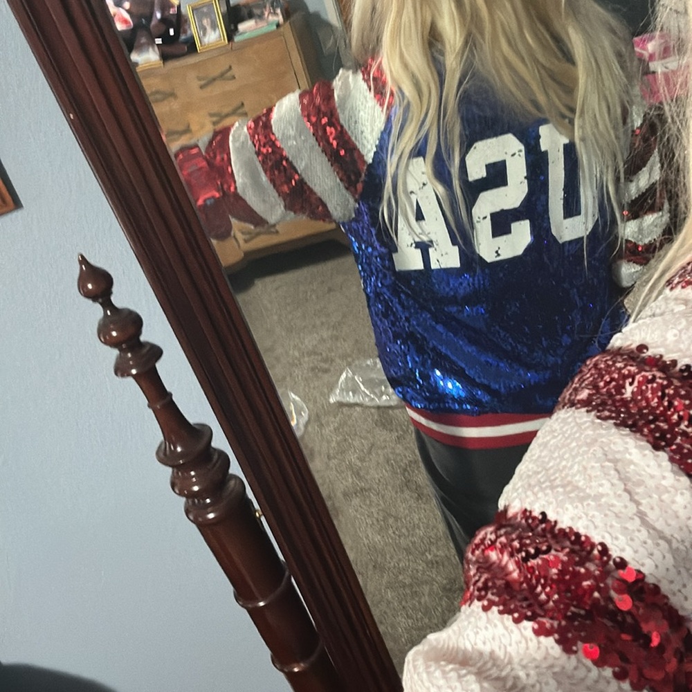 BiBi US Flag Theme Color Block Sequin Bomber Jacket - Picture 14 of 14